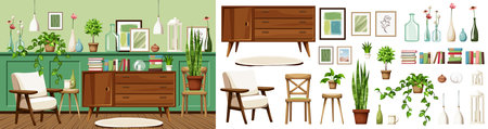 Room interior with green wall panels, an armchair, a dresser, and plenty of houseplants, vases, and pictures. Vintage interior design. Furniture set. Interior constructor. Cartoonのイラスト素材