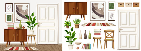 Scandinavian room interior with white walls and door, a dresser, a houseplant, and paintings. Furniture set. Interior constructor. Cartoon vector illustrationのイラスト素材
