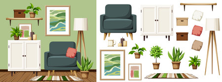 Living room interior with green walls, a white cabinet, an armchair, a floor lamp, and houseplants. Cozy modern interior design. Furniture set. Interior constructor. Cartoon vectorのイラスト素材