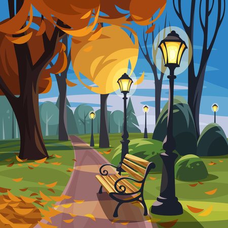 Autumn park with autumn trees, lanterns, and a bench. Evening autumn park scene. Vector illustrationのイラスト素材