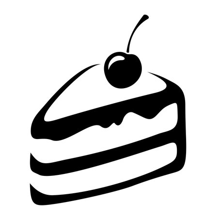 Piece of cake. Black silhouette of piece of cake with cream and cherry isolated on a white...