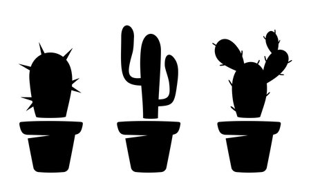 Cactuses in flower pots. Black silhouettes of cactuses isolated on a white background. Vector black and white illustrationsのイラスト素材