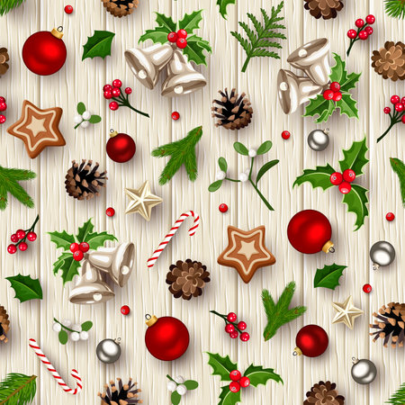 Christmas seamless pattern with red and silver Christmas balls, bells, fir branches, holly, gingerbread cookies, pinecones, and candy canes on a wooden background. Vector seamlessのイラスト素材
