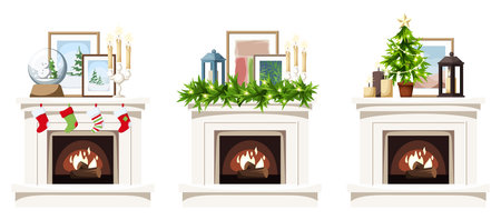 Christmas fireplaces. Set of fireplaces with Christmas decorations isolated on a white background. Vector illustrationのイラスト素材