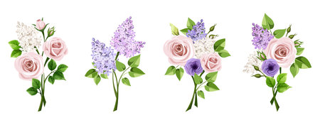 Bouquets of pink rose flowers and lilac flowers. Set of vector floral bouquets isolated on a white backgroundのイラスト素材