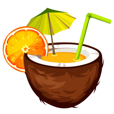 Tropical cocktail in a coconut with an orange, an umbrella, and a straw. Coconut cocktail isolated on a white background. Vector illustrationのイラスト素材