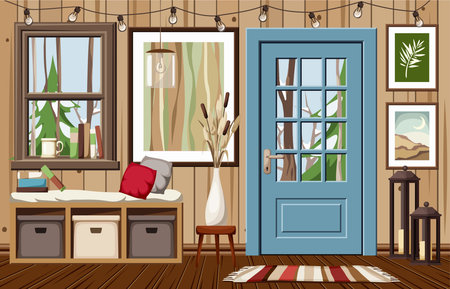 Cabin room interior design with wooden walls and a blue door. Cozy country room. Cartoon vector illustrationのイラスト素材