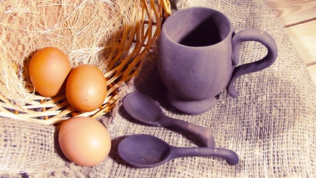 Eggs on the background of burlap.の写真素材