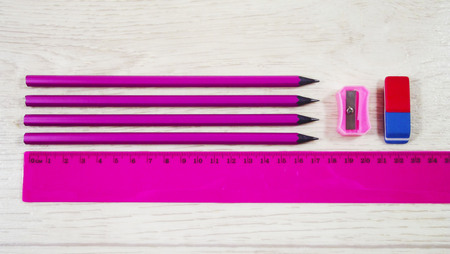 Stationery on wooden background.の写真素材