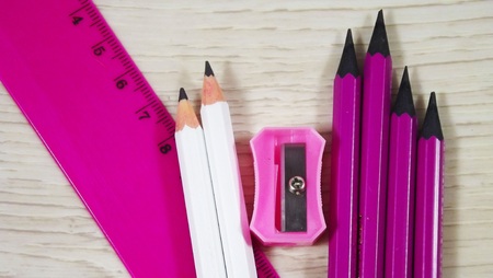 Stationery on wooden background.の写真素材