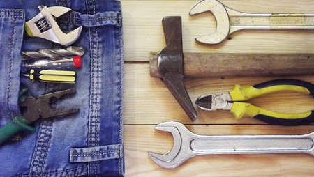 Bench tools on a wooden background.の写真素材