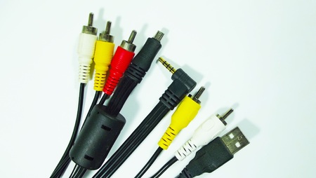 Audio and video connectors on white background.