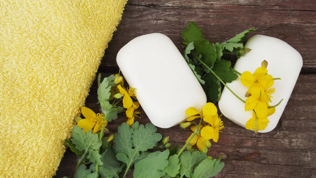 Cosmetic soap with celandine extract and towel.