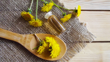 Therapeutic tinctures of dandelion on a wooden background.の写真素材