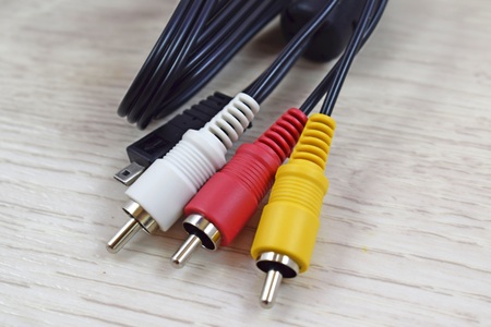 White, yellow and Red wire. Audio and video cable connector on white background.の写真素材