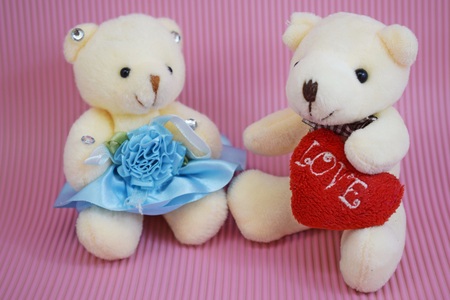 Valentine's day. Soft toy bears on a pink background.の写真素材