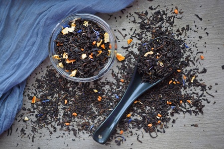 Black tea with bergamot and cornflower flowers. Fragrant and healthy drink.の写真素材