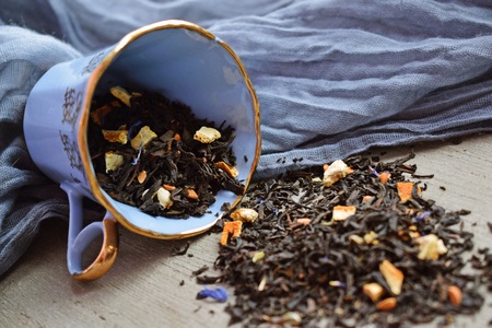 Black tea with bergamot and cornflower flowers. Fragrant and healthy drink.の写真素材