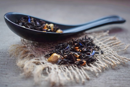 Black tea with bergamot and cornflower flowers. Fragrant and healthy drink.の写真素材