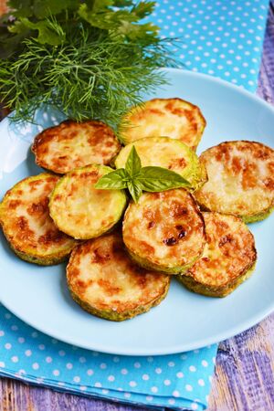 Tasty grilled zucchini on plate, closeup.の写真素材