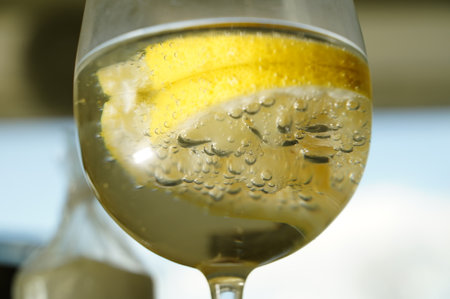 Close-up of wine glass filled with refreshing sparkling beverage and lemon slices. Tiny bubbles rise to surface creating fresh and invigorating visual. The bright yellow citrus contrasts beautifully with clear liquid evoking a sense of summerの写真素材