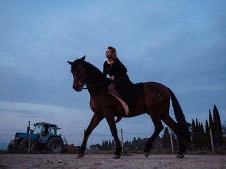 Young woman riding her horse during dressage lessons in the horse training areaの写真素材