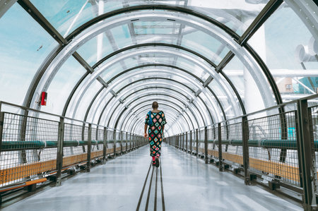 Person in patterned attire walks through a futuristic glass tunnel. The modern architectural design and vibrant colors create a captivating visual as the figure moves forwardの写真素材