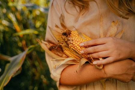 Close-up of a person gently holding ripe corn cobs in a sunlit field. The hands cradle the ears of corn, highlighting the harvest season and connection to natureの写真素材