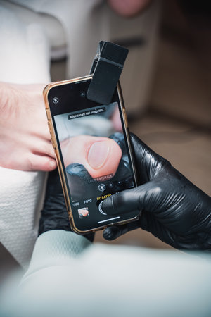 Smartphone with macro lens capturing a close-up of a foot examination. Black-gloved hand holding the phone, focusing on toenail details during a pedicure sessionの写真素材