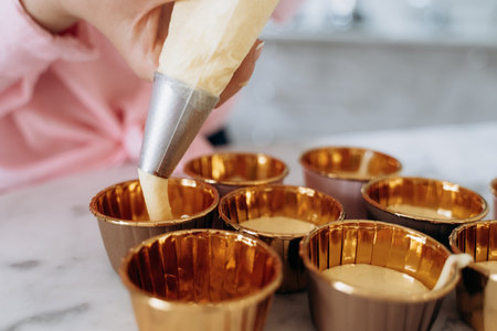 Close-up of hands using a piping bag to fill metallic cupcake liners with batter on a kitchen countertop, capturing the initial steps of homemade baking preparationの写真素材