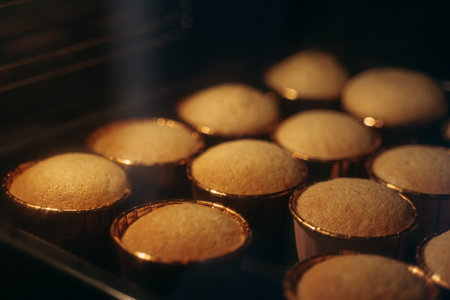 Freshly baked muffins with golden tops in metallic cupcake liners inside an oven. The muffins are evenly spaced and rising well, indicating a successful bake and ready for coolingの写真素材