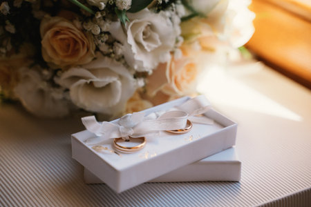 Gold wedding rings elegantly displayed in a white gift box adorned with a bow, set against a...