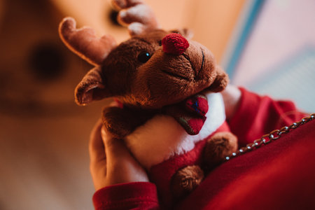 Hands hold a cute reindeer plush toy wearing a festive outfit. The soft toy, featuring red accents,...