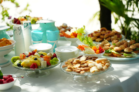 Outdoor buffet table offering different foods including fresh fruit, mini burgers, pastries, and...