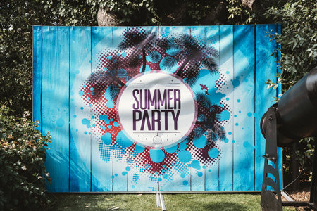 Vibrant Summer Party Sign with Tropical Designの写真素材