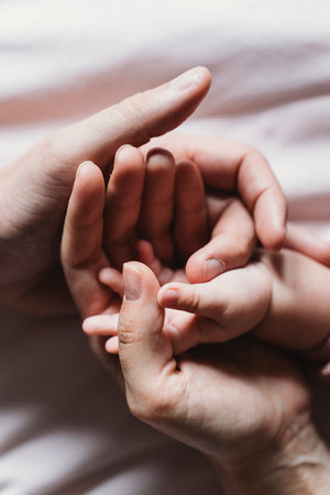 Hands of parents gently holding a child's hand, symbolizing protection, care, and unity. The image captures a tender moment of connection between family membersの写真素材