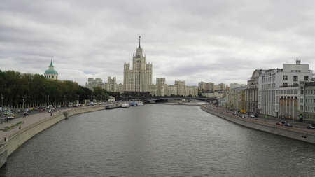 Moscow / September-view from the bridge to the river and high-riseの写真素材