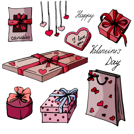 Set presents for Valentine's Day. A set of drawings on the theme of Valentine's Day.のイラスト素材
