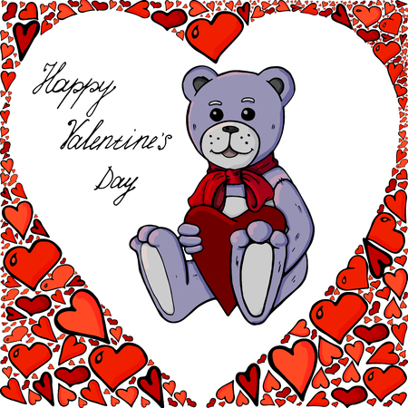 Valentine's day card with a teddy bear and hearts on a white background and the inscription Happy Valentine's Dayのイラスト素材