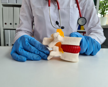 Neurologist doctor holds imitation of spine with intervertebral hernia. Diseases of spine and...