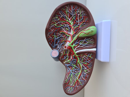 Human liver anatomy closeup. Realistic anatomy structure of liver organ of hepatic system and organ of digestive gallbladder. Human liver model for medicines pharmacy and educationの写真素材