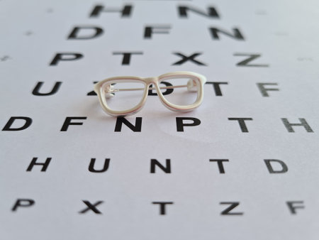 Table for checking visual acuity and emblem of optics. Selection of optics and eye examination by...