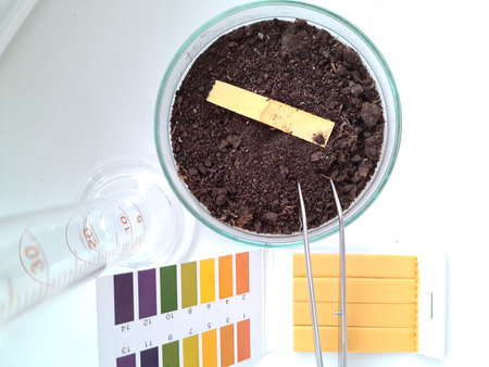 PH test strip showing quality of soil sample. Technical analysis of the quality of chemicals in soil. Analysis and definition of quality. Quality control of the finished quantity and acidity conceptの写真素材