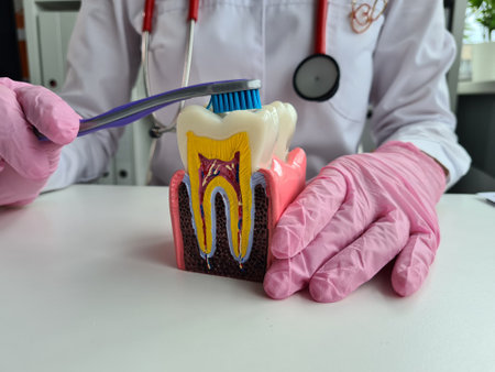 Dentist hands with human tooth and toothbrush. oral care conceptの写真素材