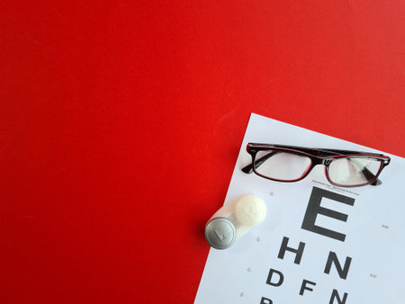 Vision check glasses and lenses for vision correction on red background top view. Accessories for ophthalmologistの写真素材