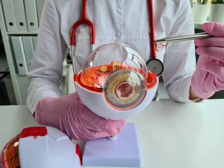 Ophthalmologist teaching eye anatomy in clinic. Anatomy and physiology of the organ of vision conceptの写真素材