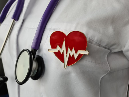 Doctor cardiologist therapist stethoscope heart rate icon with heart. Medical care health insurance