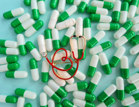 Medical pills and stethoscope and heart pain tablet. Effective drugs for high blood pressure or coughの写真素材