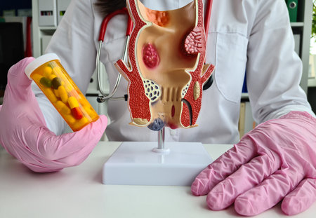 Anatomical model of large intestine and tablets. Treatment of hemorrhoids and constipationの写真素材