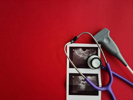 Ultrasonic sensor with photos and stethoscope. Pregnancy diagnostics promotion bannerの写真素材